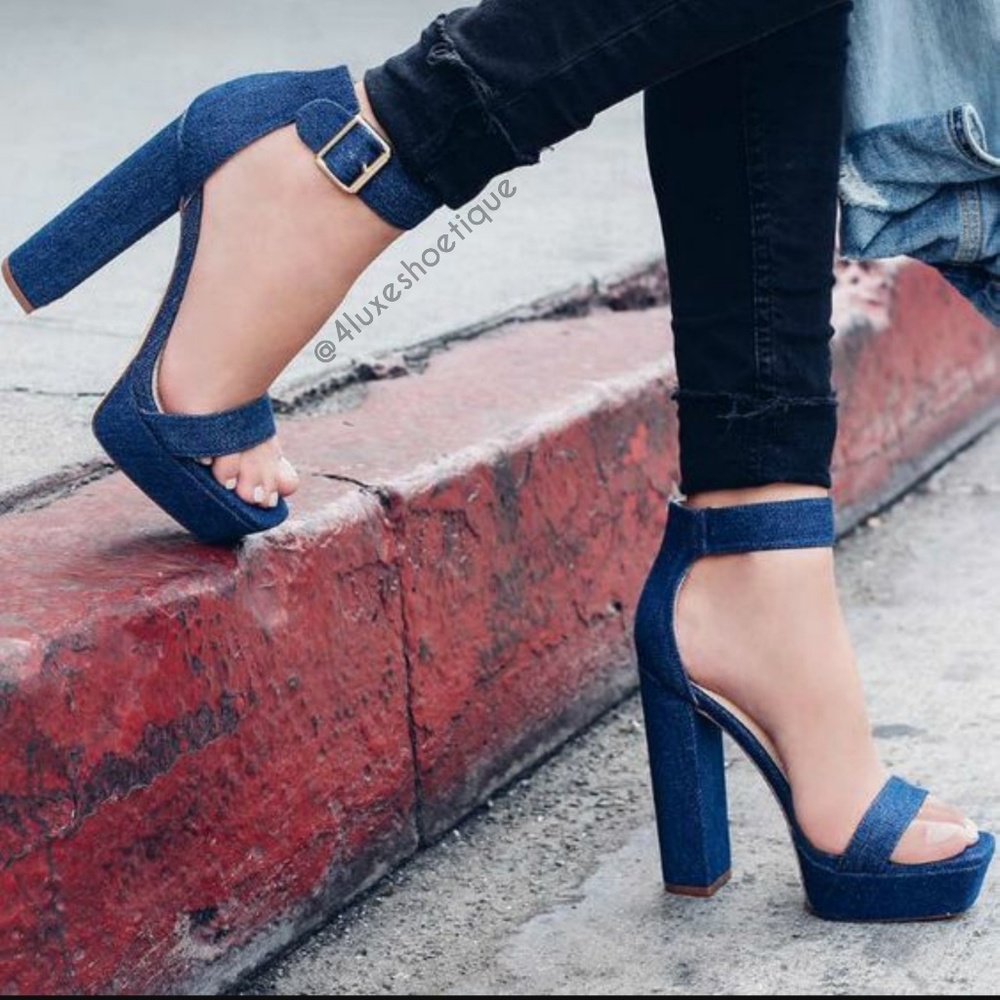 NEW Blue Jean Velcro AnkleStrap High Heels Sandals